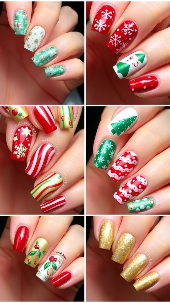 A variety of Christmas-themed nail designs including snowflakes, reindeer, and candy cane patterns.